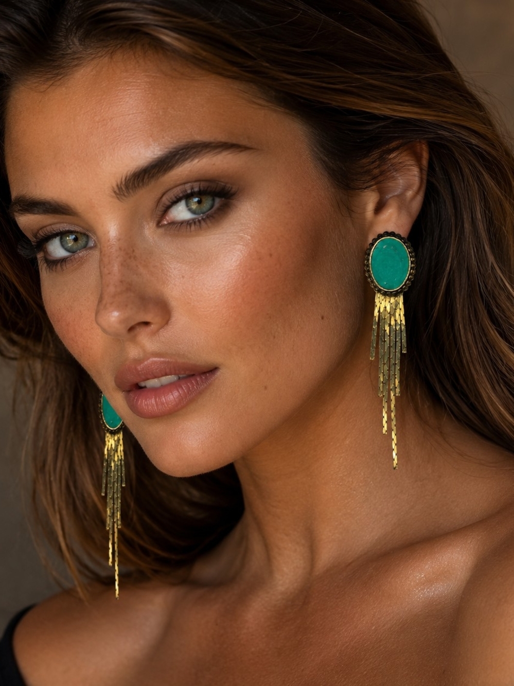 Vintage Turquoise Color Fringe Earrings Gold Tone Dangle Statement Earrings 3"